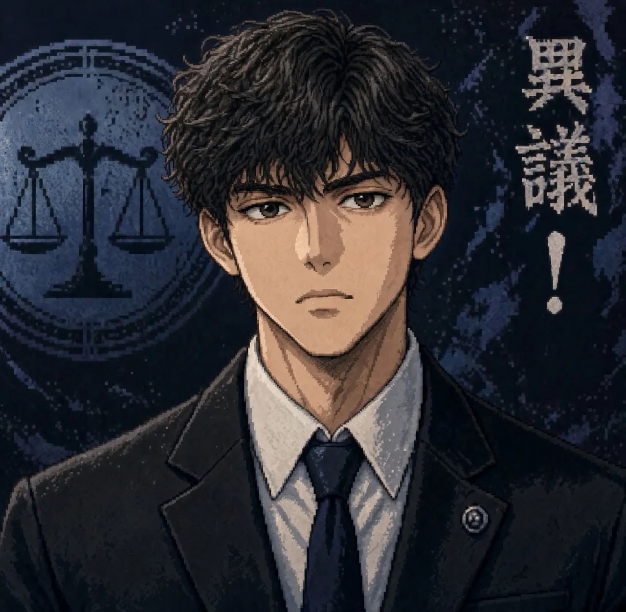 Stylised pixel-art portrait of a paralegal in a dark suit before the scales of justice
